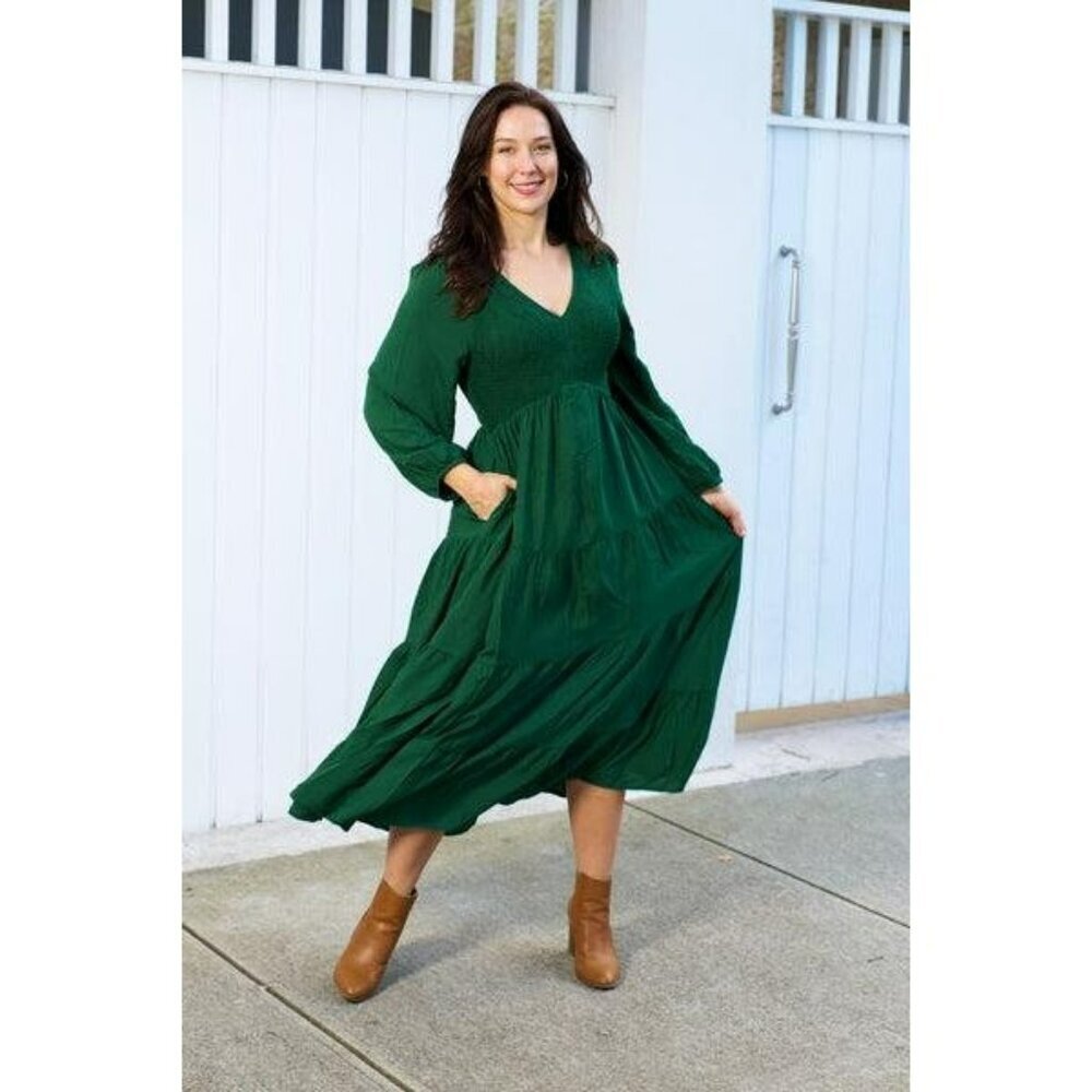 Rio Smocked Long Sleeve Maxi Dress in Hunter Green